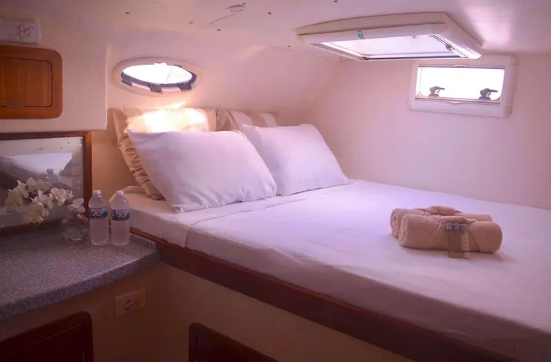 Chef De Mere Yacht Photos Pics Cozy cabin interior of 2006 Royal Cape Catamarans 50 with bed and porthole windows.