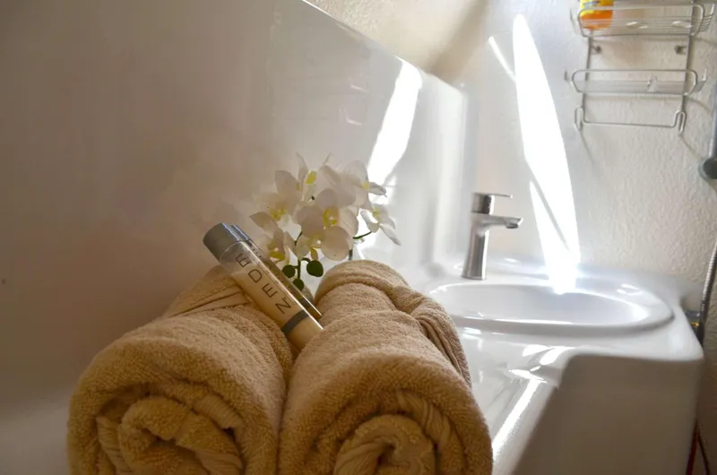 Chef De Mere Yacht Photos Pics Luxurious bathroom on 2006 Royal Cape Catamarans 50, featuring towels and elegant decor.