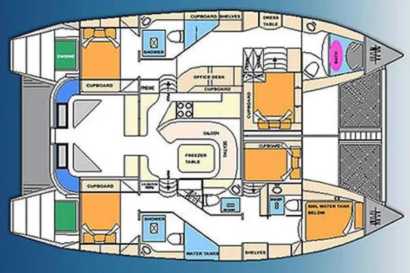 Chef De Mere Yacht Photos Pics Floor plan of a 2006 Royal Cape Catamarans 50, featuring cabins, showers, and storage areas.