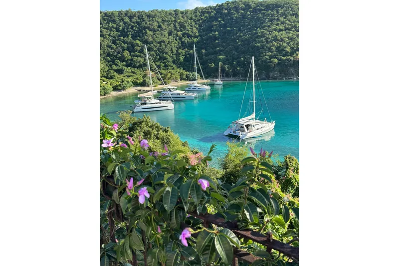 Chef De Mere Yacht Photos Pics Catamarans anchored in a turquoise bay, surrounded by lush greenery and vibrant flowers.