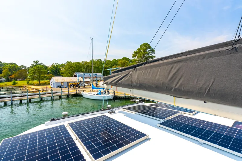 Carolina Red Yacht Photos Pics 2024 St Francis 460 catamaran with solar panels docked at marina.