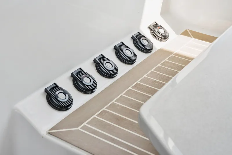 Carolina Red Yacht Photos Pics 2024 St Francis 460 yacht deck with black fixtures and sleek design.