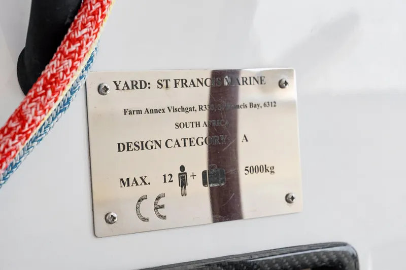 Carolina Red Yacht Photos Pics Plaque on St Francis 460, 2024 model, indicating design category A, max 12 people, 5000kg.