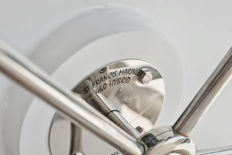 Carolina Red Yacht Photos Pics Close-up of St Francis 460 Hybrid yacht component, showcasing sleek metallic design, 2024 model.