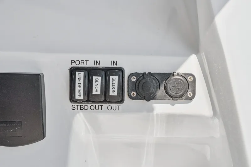 Carolina Red Yacht Photos Pics Control panel with switches and USB ports on 2024 St Francis 460 yacht.