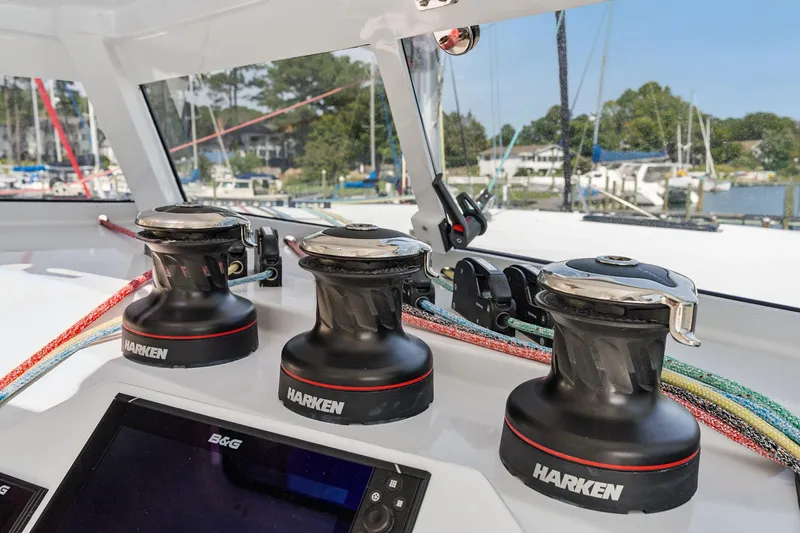 Carolina Red Yacht Photos Pics Cockpit view of 2024 St Francis 460 yacht with Harken winches and colorful ropes.