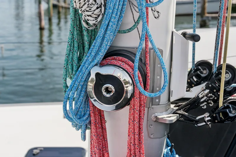 Carolina Red Yacht Photos Pics Colorful ropes on a St Francis 460 sailboat mast, 2024 model, docked at marina.