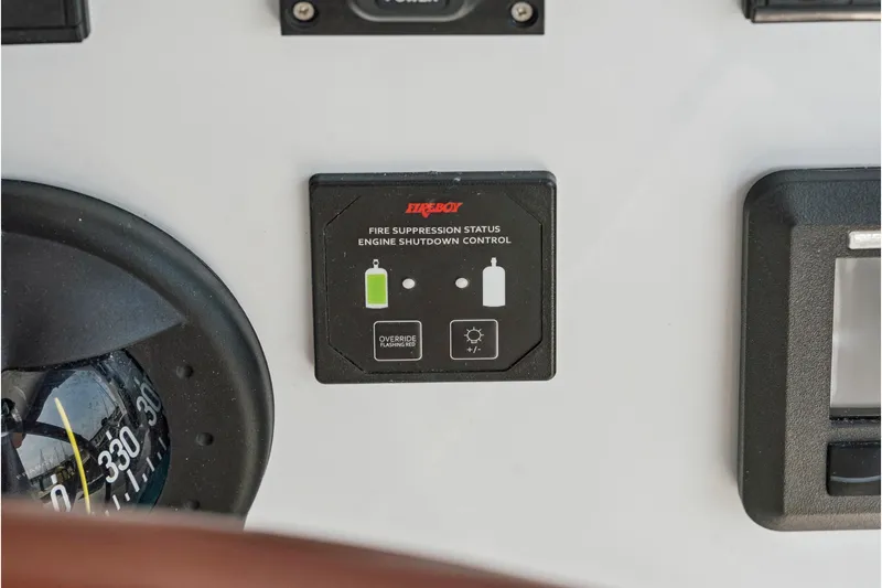 Carolina Red Yacht Photos Pics Control panel of 2024 St Francis 460 with fire suppression status indicator.
