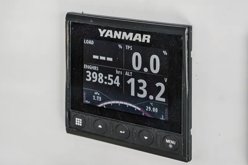 Carolina Red Yacht Photos Pics Yanmar engine display on St Francis 460, 2024 model, showing load and voltage.