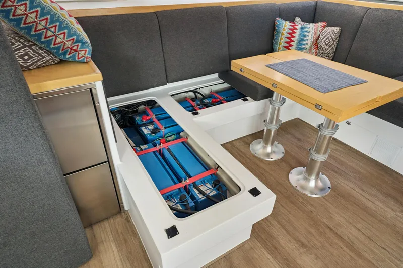 Carolina Red Yacht Photos Pics 2024 St Francis 460 yacht interior with battery storage under seating area.