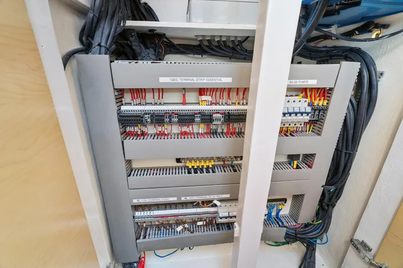 Carolina Red Yacht Photos Pics Electrical panel with labeled wiring in a 2024 St Francis 460 model.