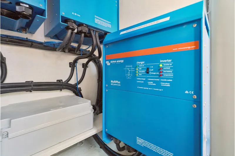 Carolina Red Yacht Photos Pics Blue Victron Energy inverter and charger system in St Francis 460, 2024 model.