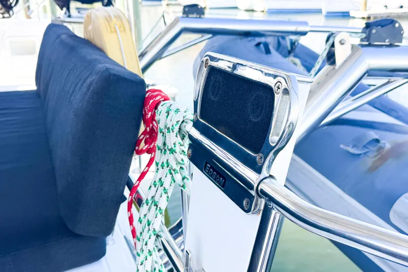 Southern Wild Yacht Photos Pics Close-up of Lagoon 40 catamaran's helm with ropes and seating, 2018 model.