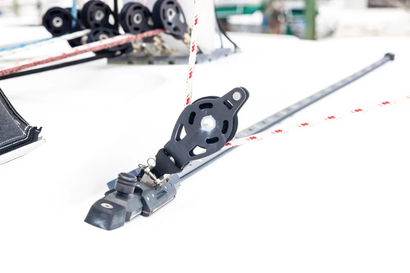 Southern Wild Yacht Photos Pics Close-up of a 2018 Lagoon 40 sailboat rigging component on deck.
