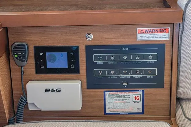 Southern Wild Yacht Photos Pics Control panel of a 2018 Lagoon 40 catamaran with navigation and communication equipment.