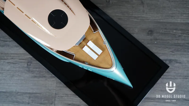 Deo Juvante Yachts Yacht Photos Pics Top view of 2026 Deo Juvante M24 yacht model on display stand.