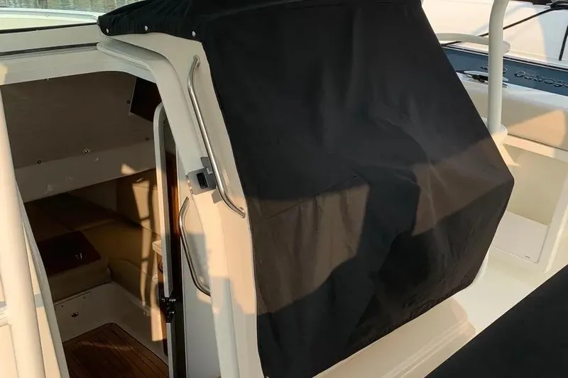  Yacht Photos Pics 2019 Boston Whaler 380 Outrage cabin entrance with black cover.