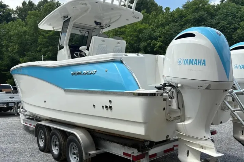  Yacht Photos Pics 2020 World Cat 280 CC-X boat with Yamaha engines on a trailer.