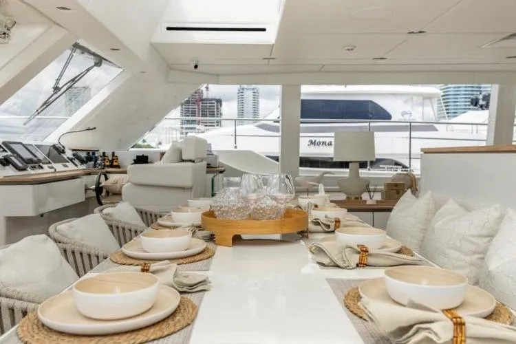Fat Cat Yacht Photos Pics Luxurious interior of 2024 Sunreef Fat Cat yacht with elegant dining setup.