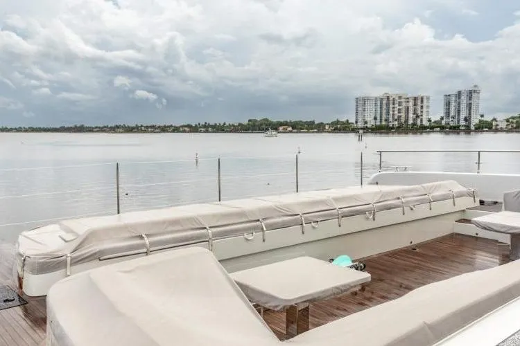 Fat Cat Yacht Photos Pics Luxurious Sunreef Fat Cat 2024 yacht deck with waterfront cityscape view.