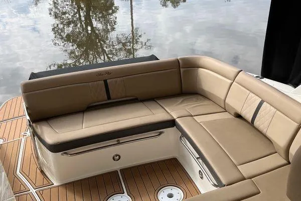  Yacht Photos Pics 2017 Sea Ray Sundancer 350 boat with tan leather seating and wooden deck.