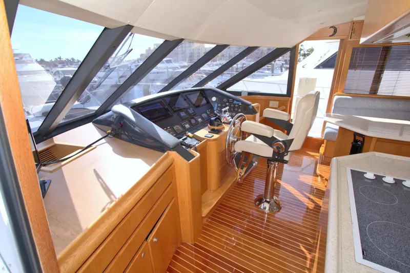 Wavos Rancheros Yacht Photos Pics Interior helm of 1999 West Bay 58 Sonship yacht with modern controls and seating.