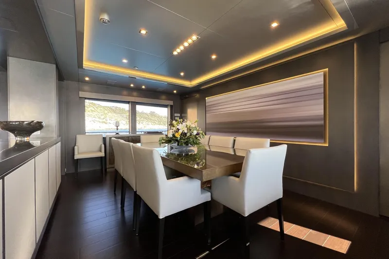 Smooth Operator Yacht Photos Pics Luxurious dining area on 2011 Jongert 39m yacht with elegant decor and modern lighting.