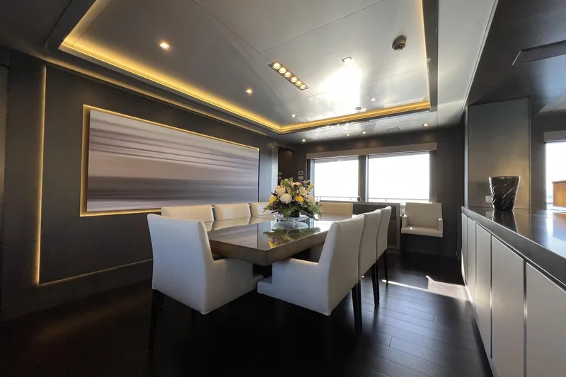 Smooth Operator Yacht Photos Pics Luxurious dining area on 2011 Jongert 39m yacht with elegant decor and modern lighting.