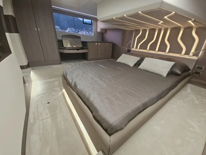  Yacht Photos Pics Luxurious interior of 2024 Galeon 440 Fly yacht with modern design and ambient lighting.