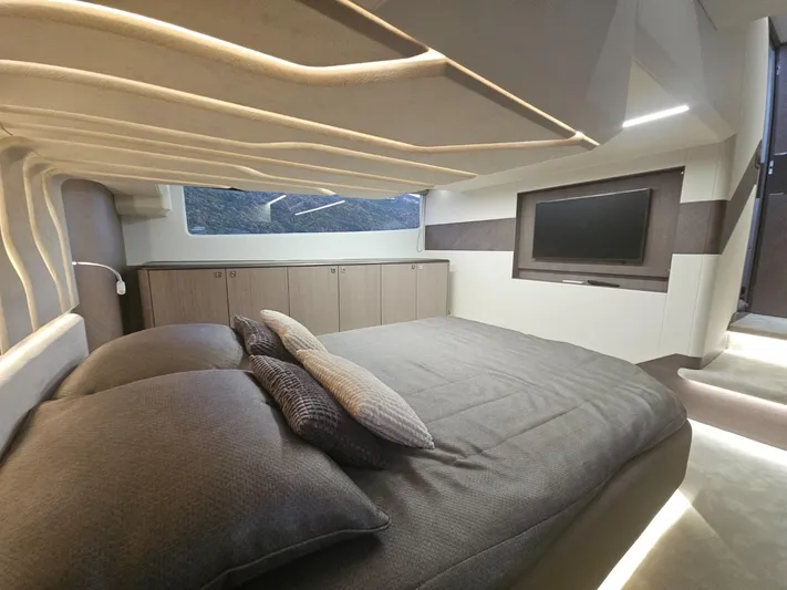  Yacht Photos Pics Luxurious interior of 2024 Galeon 440 Fly yacht with modern bedroom design.