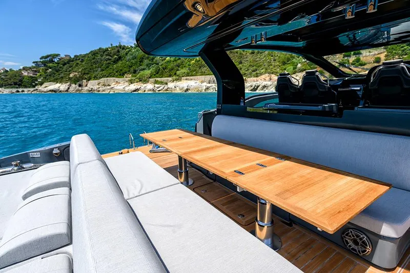 Kawa Yacht Photos Pics Manufacturer Provided Image: Luxury seating area on the 2023 SACS Rebel 55 yacht with scenic ocean view.