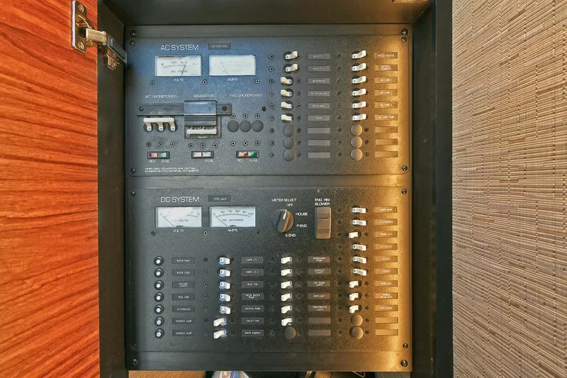 Double Diamond Yacht Photos Pics Electrical panel of 2018 Tiara Yachts 39 Coupe, featuring AC and DC systems.