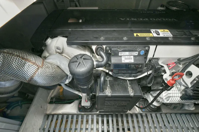 Double Diamond Yacht Photos Pics Engine compartment of a 2018 Tiara Yachts 39 Coupe, featuring a Volvo Penta engine.