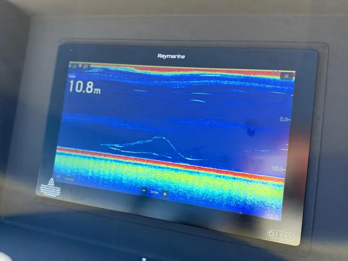  Yacht Photos Pics Raymarine sonar display on 2023 Windy 37 Shamal, showing depth of 10.8 meters.