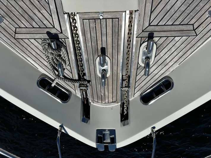  Yacht Photos Pics Deck of 1998 Ferretti Yachts 80 with wooden finish and metal fittings.