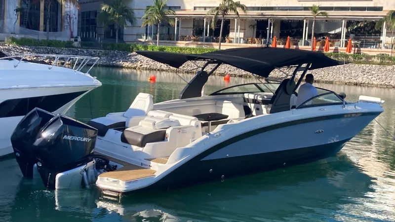 2020 Sea Ray 290 Sdx Ob Yacht Photos Pics 2020 Sea Ray SDX 290 Outboard boat docked in a marina, featuring a sleek design.