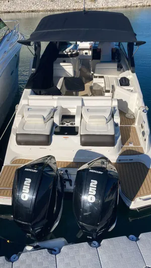 2020 Sea Ray 290 Sdx Ob Yacht Photos Pics 2020 Sea Ray SDX 290 Outboard boat with dual Mercury engines, docked in a marina.