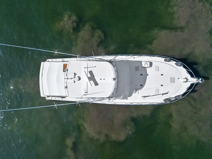  Yacht Photos Pics Aerial view of 2001 Riviera 48 yacht on calm green water.