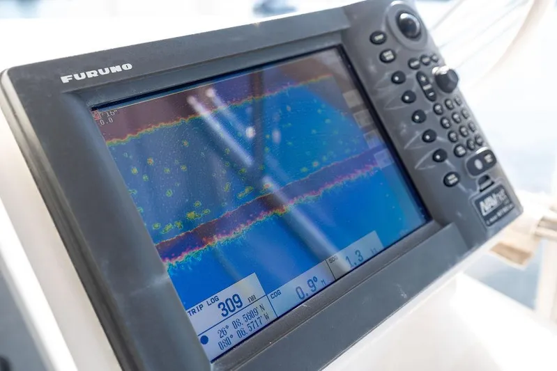  Yacht Photos Pics Furuno marine navigation display on 2001 Riviera 48 boat, showing sonar data.