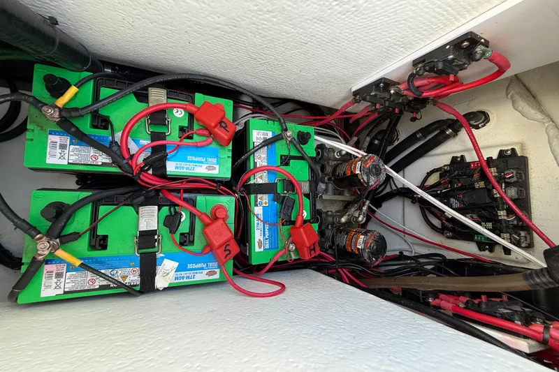  Yacht Photos Pics 2023 Cape Horn 32 XS boat battery compartment with wiring and connections.