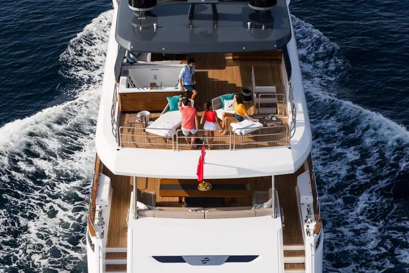  Yacht Photos Pics Aerial view of 2027 Sirena 88 yacht with people relaxing on deck.