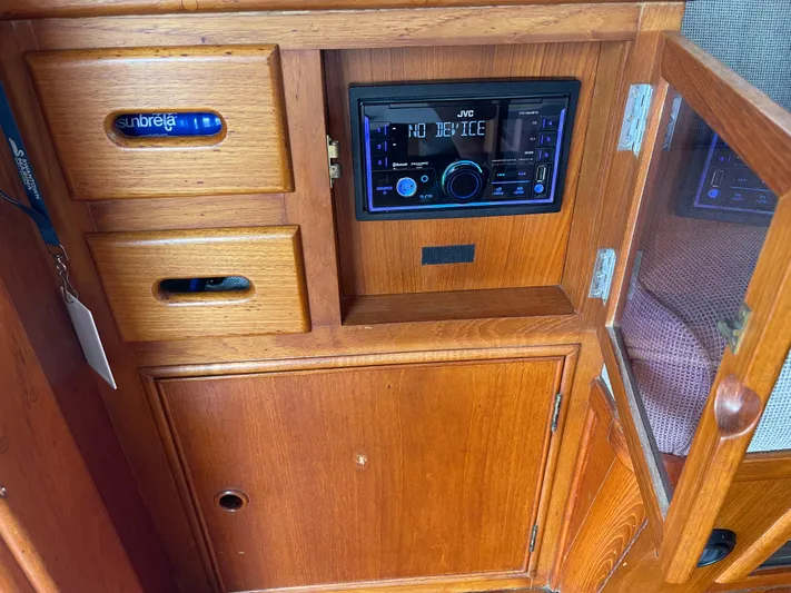  Yacht Photos Pics Wooden interior of 1980 Grand Banks 42 Europa with JVC stereo system.