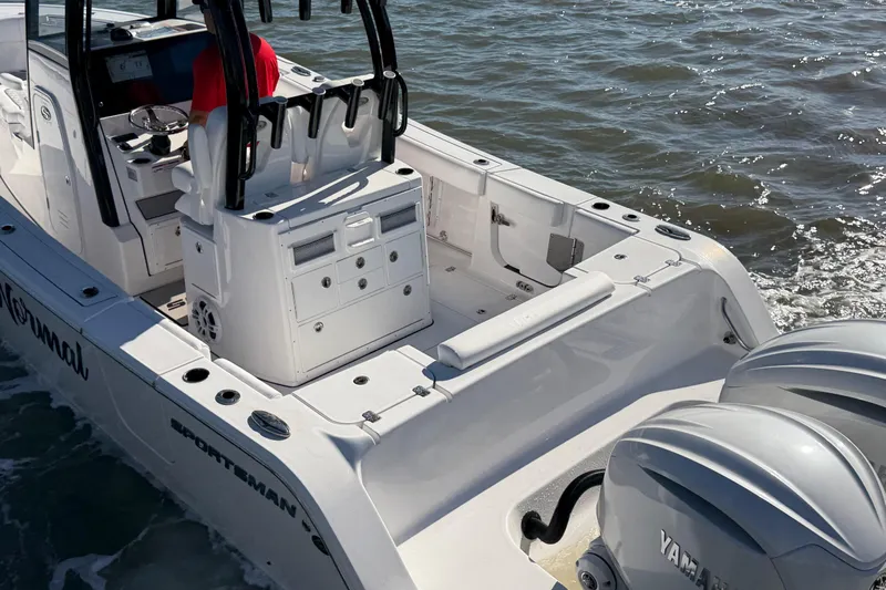  Yacht Photos Pics 2024 Sportsman Open 282TE Center Console boat with dual Yamaha engines on water.