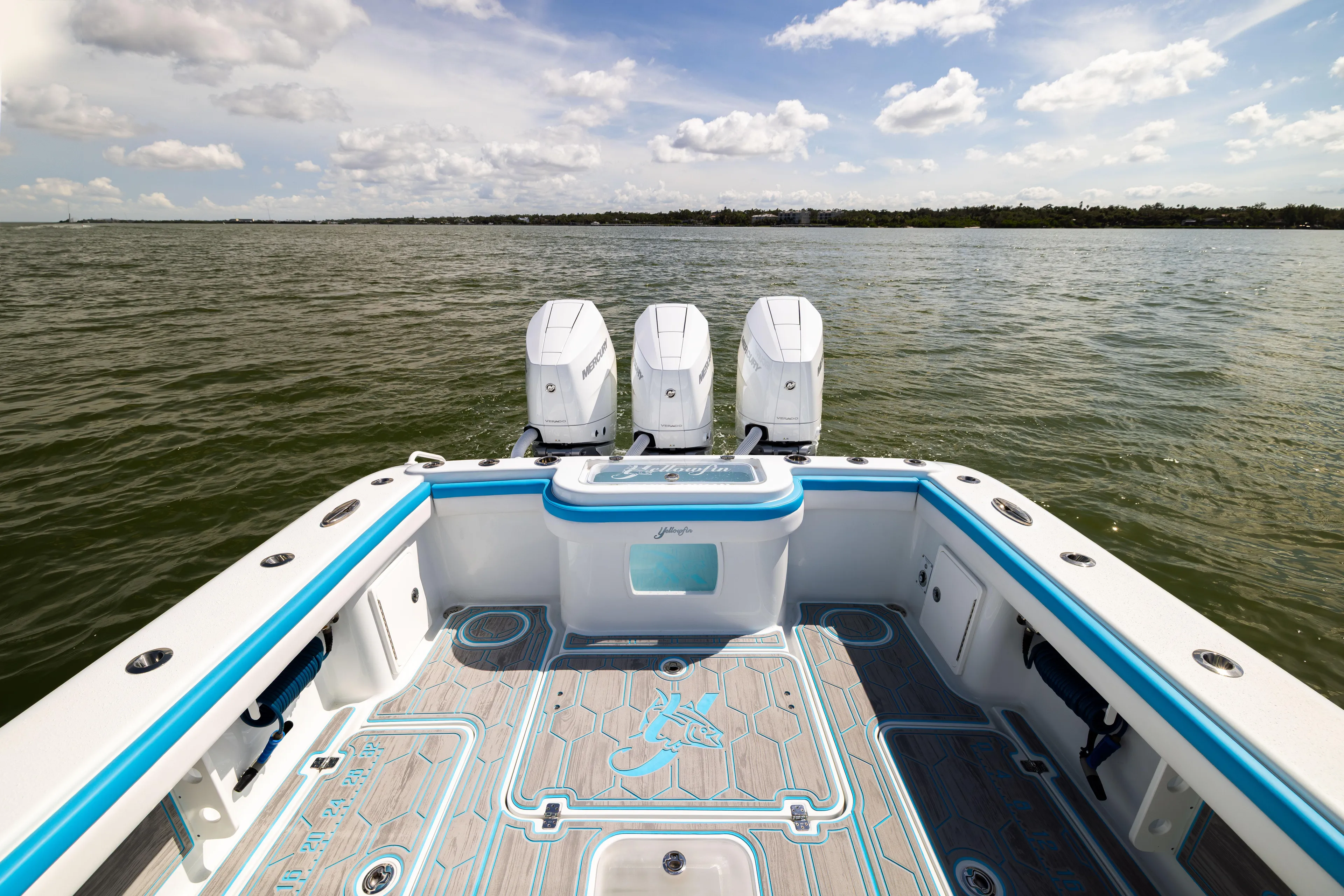  Yacht Photos Pics 2023 Yellowfin 36 Offshore boat with triple engines on calm water under a blue sky.
