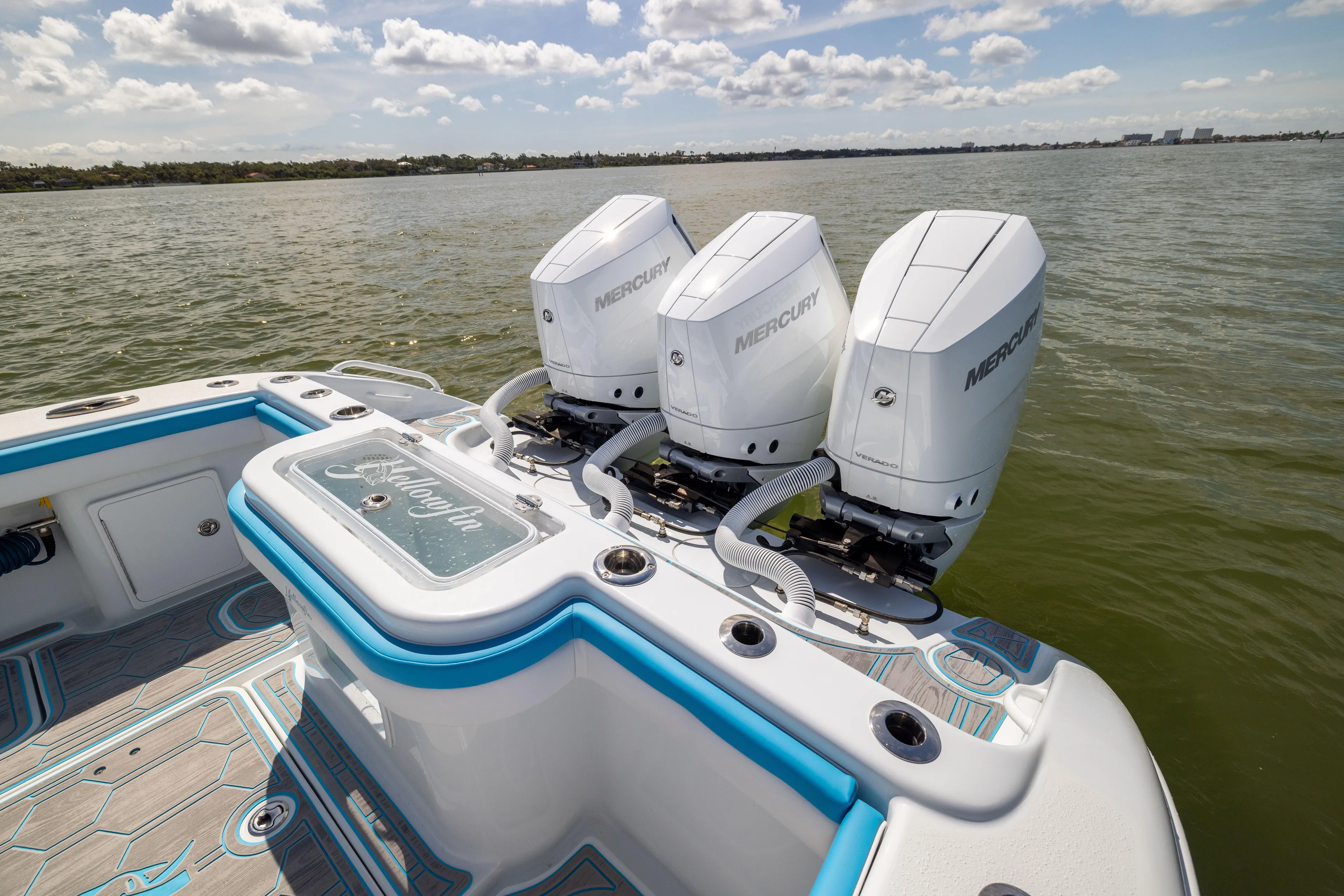  Yacht Photos Pics 2023 Yellowfin 36 Offshore boat with triple Mercury engines on calm water.