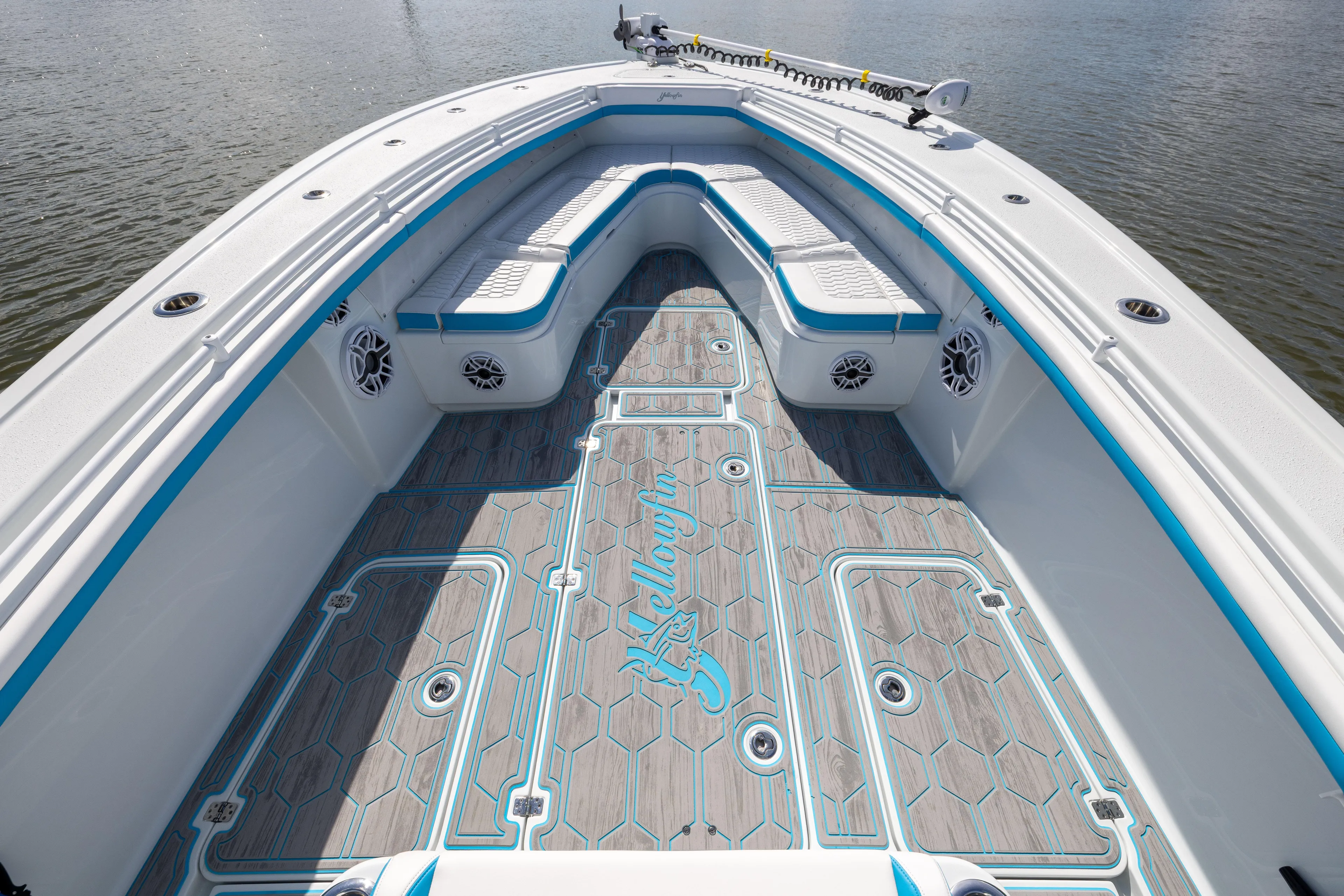  Yacht Photos Pics 2023 Yellowfin 36 Offshore boat interior with custom flooring and seating.