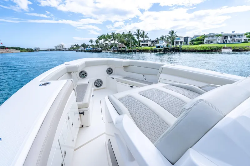 Two Roads Yacht Photos Pics Luxurious 2021 Solace 41CS boat interior with waterfront view and elegant seating.