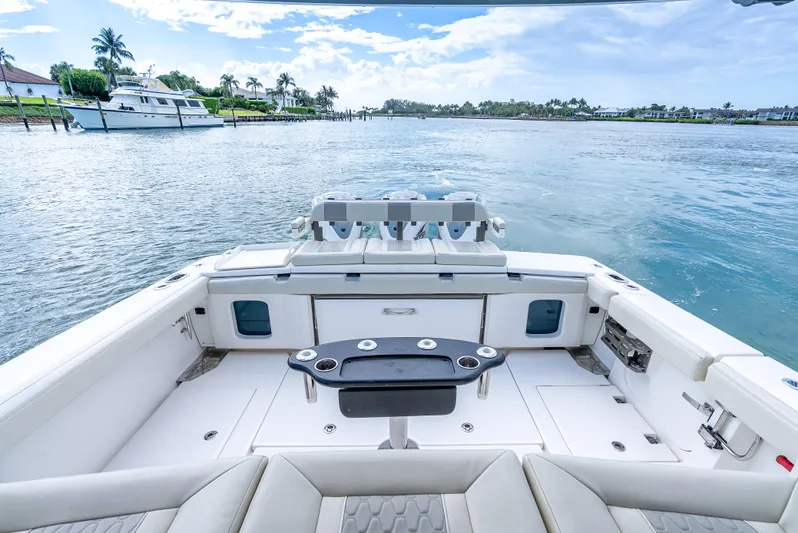 Two Roads Yacht Photos Pics Sleek 2021 Solace 41CS boat interior with scenic waterfront view.