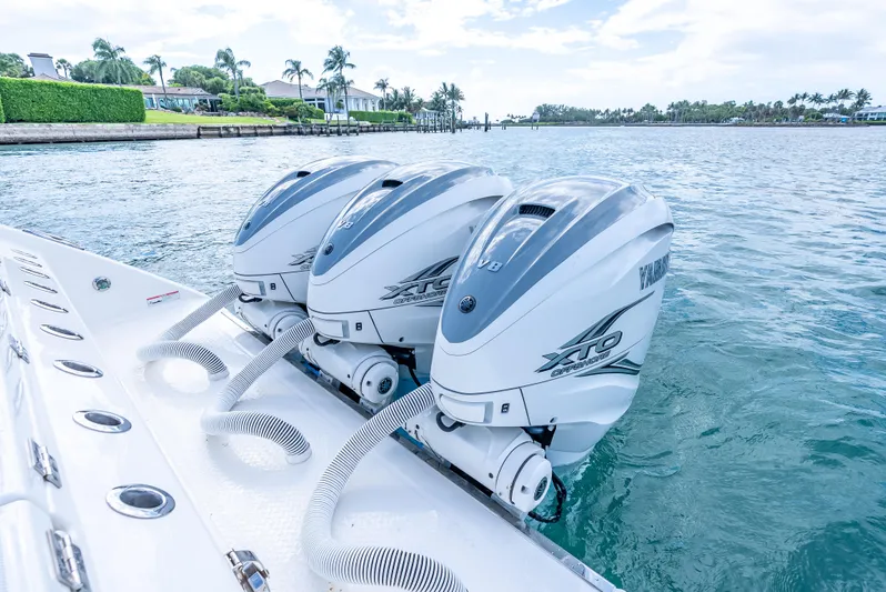 Two Roads Yacht Photos Pics Triple Yamaha XTO outboard engines on a 2021 Solace 41CS boat in scenic waters.