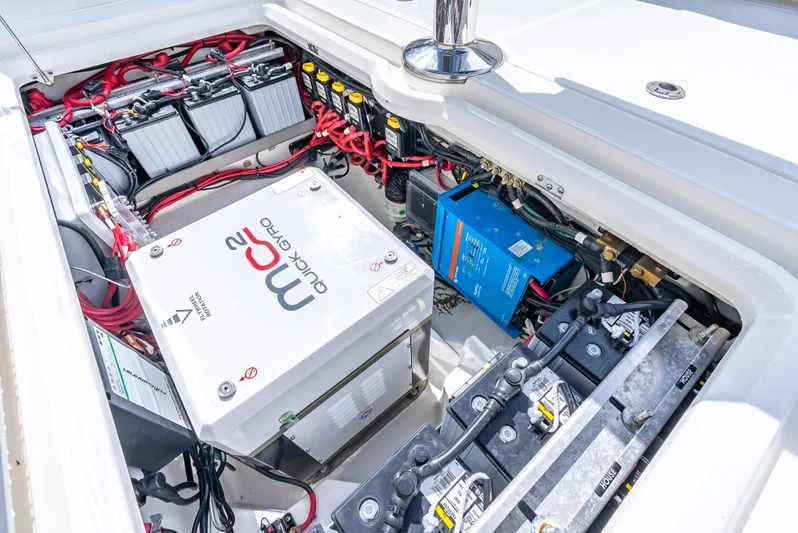 Two Roads Yacht Photos Pics Engine compartment of 2021 Solace 41CS boat with batteries and Quick Gyro system.